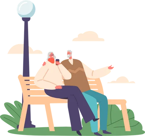 Elderly Couple Characters Enjoying A Moment Together On A Park Bench Sipping Coffee And Sharing Warmth Love And Companionship In A Serene Setting Cartoon People Vector Illustration Illustration