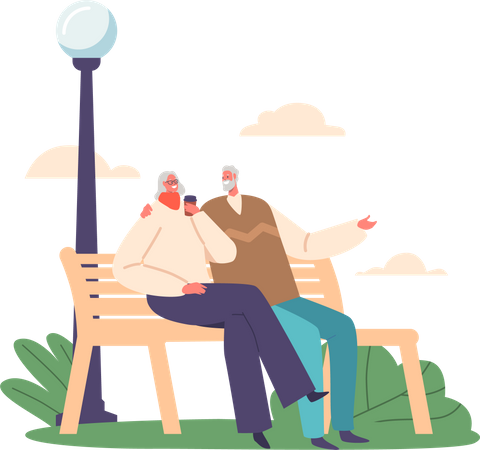 Elderly Couple Characters Enjoying A Moment Together On A Park Bench  Illustration