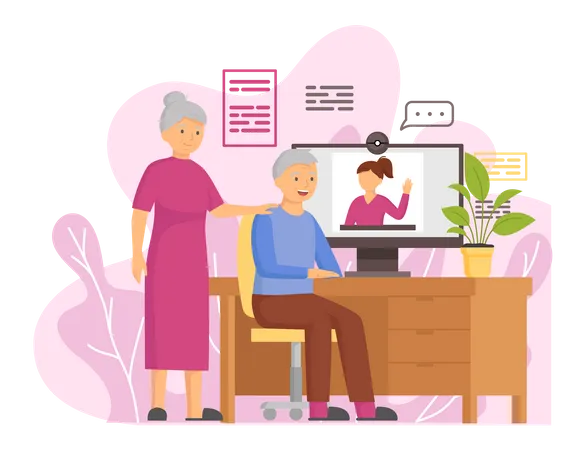 Elderly couple chatting with daughter on video call  Illustration