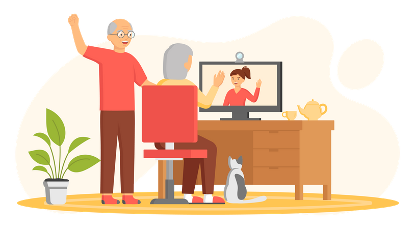 Elderly couple chatting with daughter on video call  Illustration