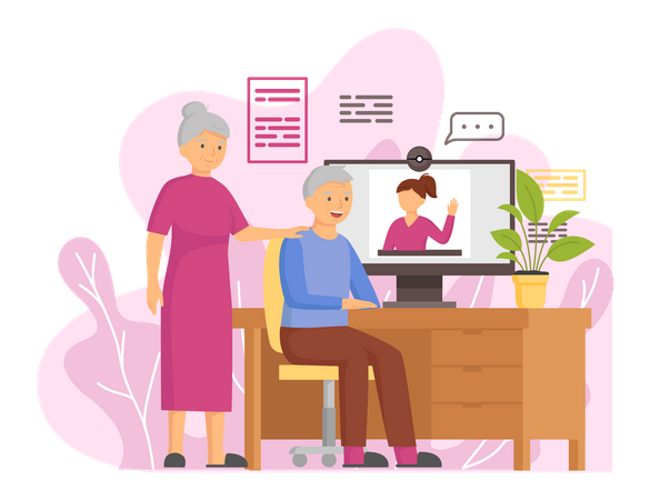 Elderly couple chatting with daughter on video call  Illustration