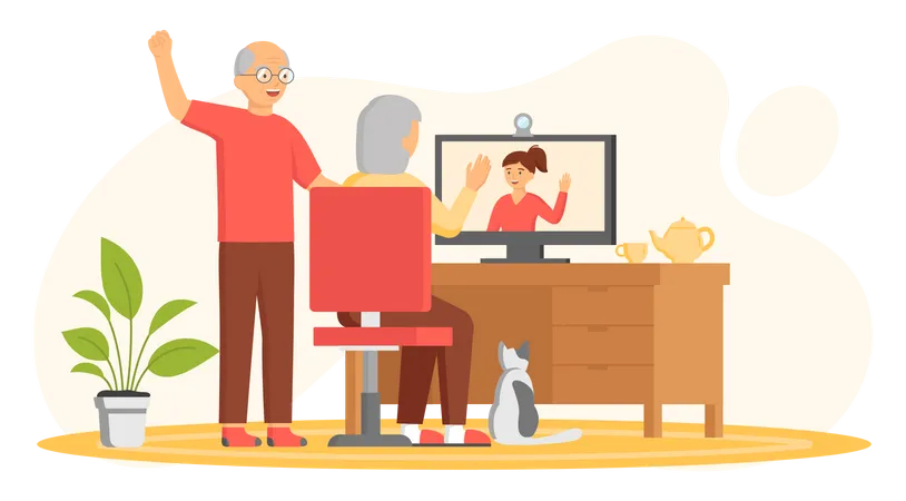 Elderly couple chatting with daughter on video call  Illustration