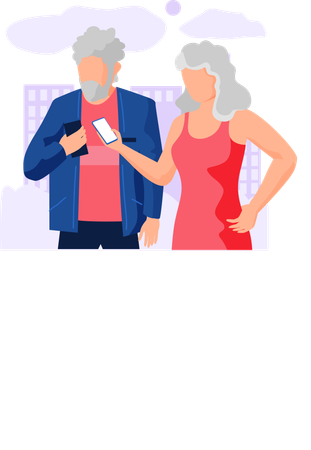 Elderly couple communicate through gadget  Illustration