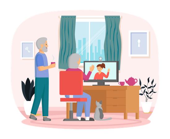 Elderly couple communicating via video conference Illustration