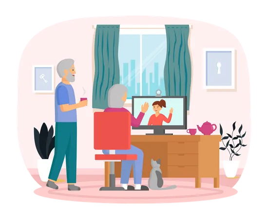 Elderly couple communicating via video conference Illustration
