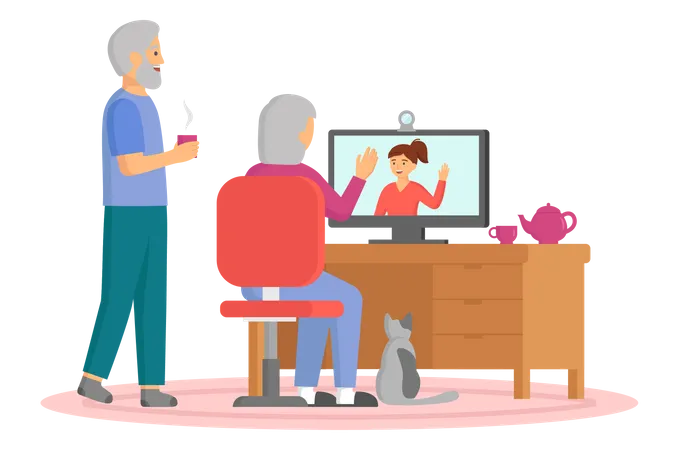 Elderly couple communicating with daughter Illustration