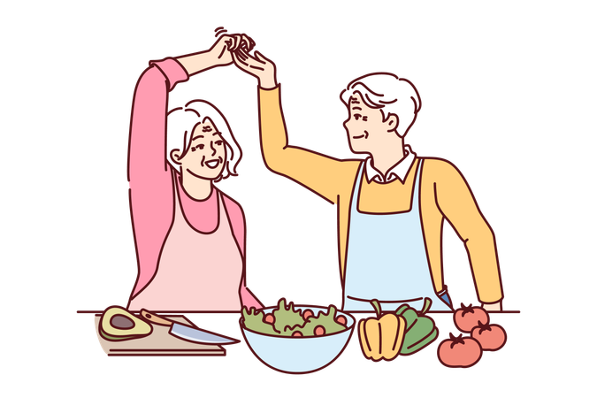 Elderly couple cooks dinner together  Illustration