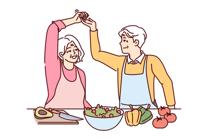 Elderly Couple Of Vegans Cooks Dinner And Dances Together Calling For Healthy Lifestyle And Giving Up Meat Man And Woman Of Retirement Age Have Become Vegans Feel Surge Of Strength And Energy Illustration