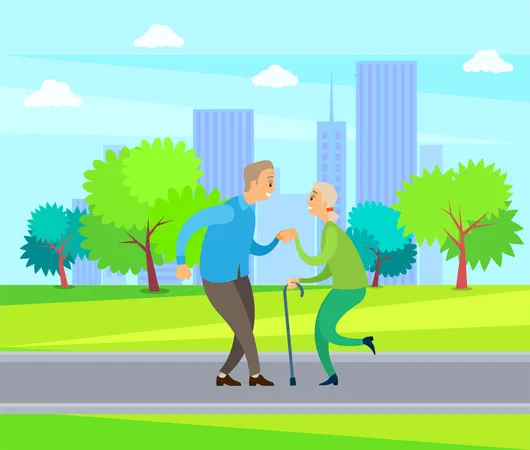 Old Lovers Dancing Outdoor Pensioners In Casual Clothes Moving In Urban Park Side View Of Elderly Man And Woman Near Trees And Skyscrapers Vector Illustration