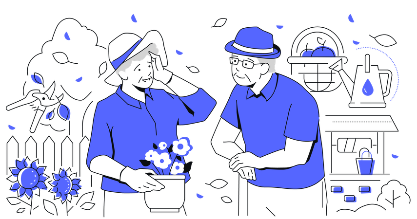 Elderly couple discussing harvest  Illustration