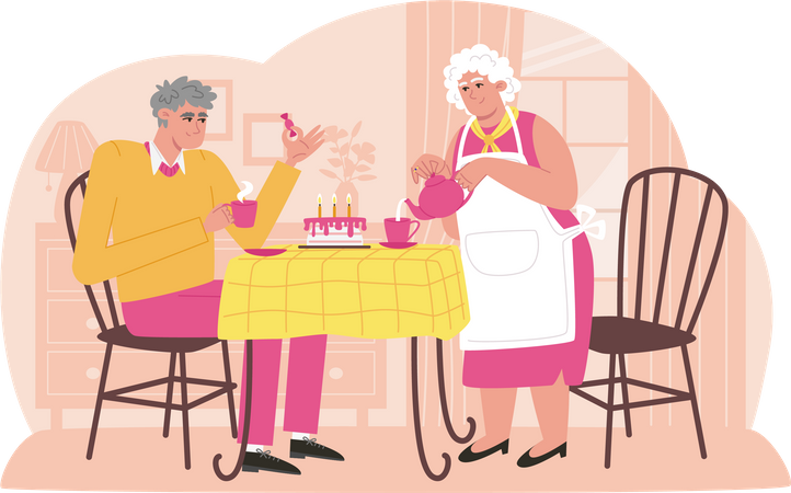Elderly couple drink morning tea with cake in cozy home  イラスト