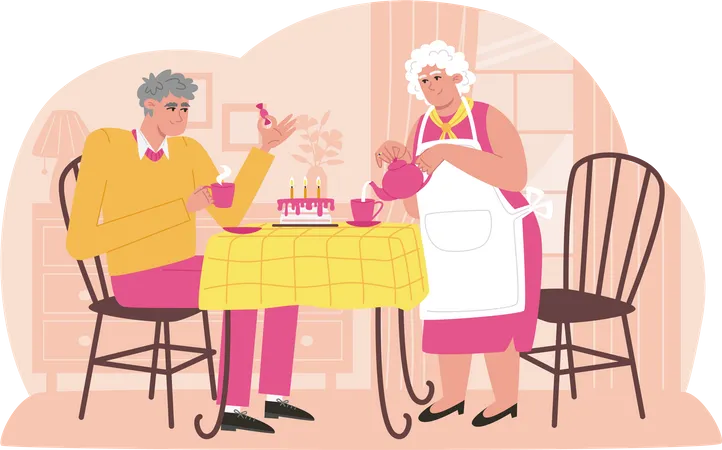 Elderly Parents Drink Tea With Cake In A Cozy Home Illustration