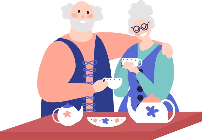 Elderly couple drinking coffee Illustration