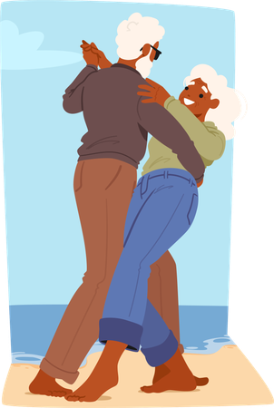 Elderly Couple Enjoys Dance On Sandy Beach  Illustration