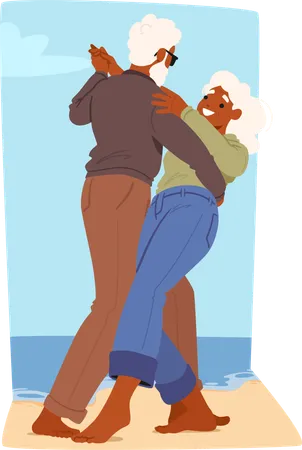 Elderly Couple Enjoys Dance On Sandy Beach  Illustration