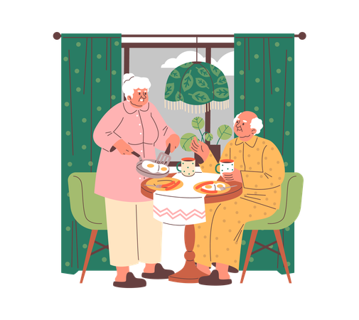 Elderly couple enjoys scrambled eggs breakfast in kitchen  Illustration