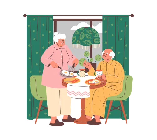 Elderly couple enjoys scrambled eggs breakfast in kitchen  Illustration