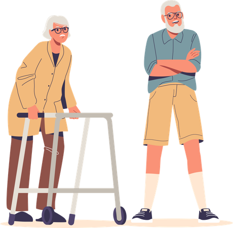 Elderly Couple In Debate One Using Walker And Other With Arms Crossed Representing Senior Interaction  Illustration