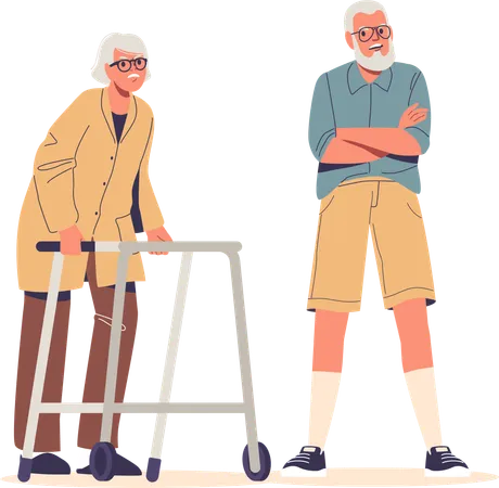 Elderly Couple In Debate One Using Walker And Other With Arms Crossed Representing Senior Interaction  Illustration