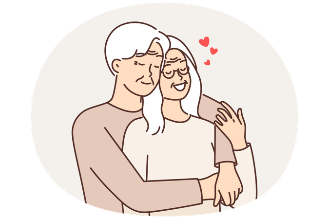 Elderly couple in love from gray-haired man and woman hugging and remembering youth or first date  Illustration