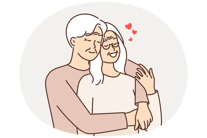 Elderly couple in love from gray-haired man and woman hugging and remembering youth or first date  Illustration