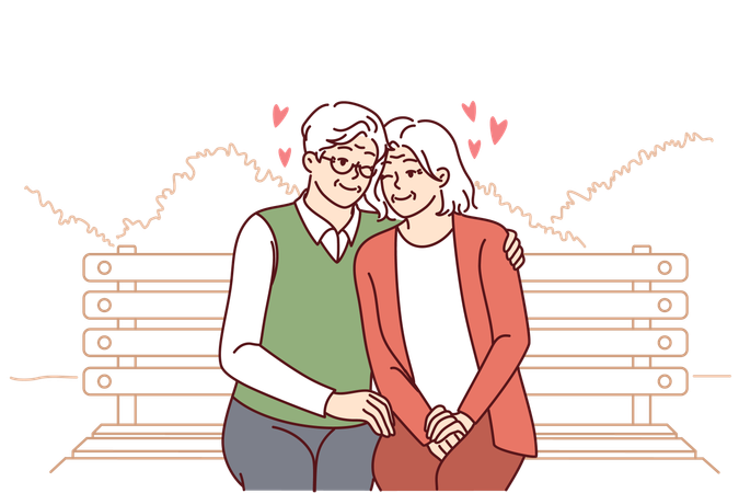 Elderly couple in love sits on park bench hugging and enjoying happy family life  Illustration