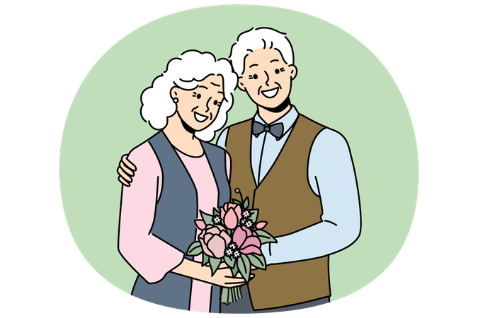 Elderly couple in love smiles rejoicing at happy family life and poses for picture to golden wedding  Illustration