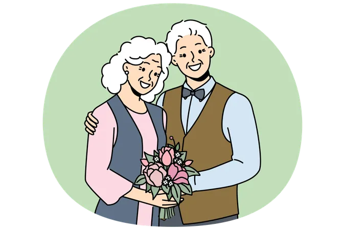 Elderly couple in love smiles rejoicing at happy family life and poses for picture to golden wedding  Illustration