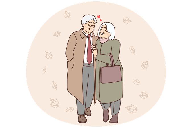 Elderly couple in outerwear walking in park hugging  Illustration