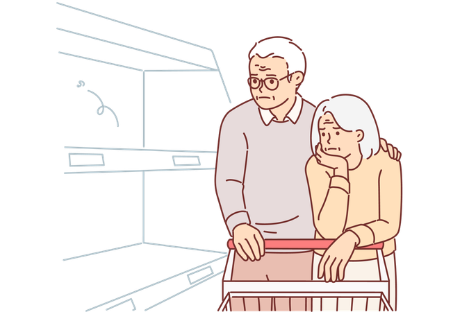 Elderly couple in supermarket is upset with empty shelves  Illustration
