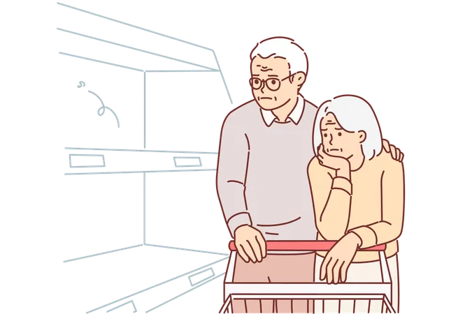 Elderly couple in supermarket is upset with empty shelves  Illustration