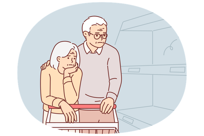 Elderly couple in supermarket with empty shelves  Illustration