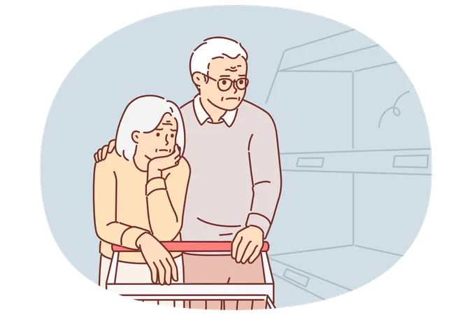Elderly couple in supermarket with empty shelves  Illustration