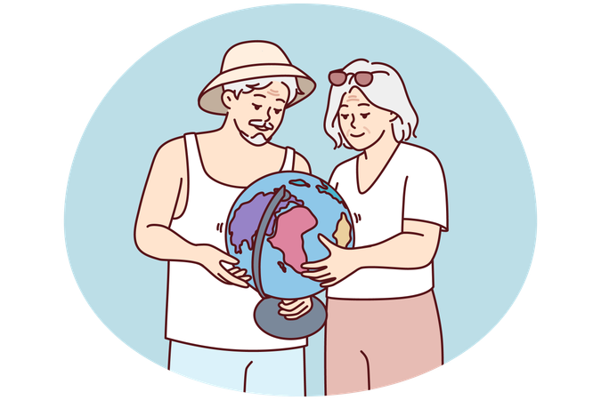 Elderly couple is considering globe choosing place for future trip or sightseeing tour  Illustration