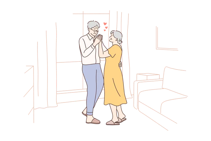 Love Fun Date Couple Romance Dance Concept Old Man And Woman Senior Citizens Pensioners Cartoon Characters Husband And Wife Dancing Together At Home Romantic Athmosphere And Joint Recreation Illustration