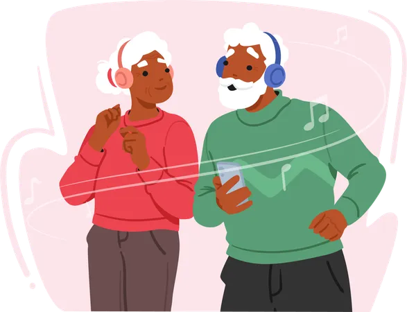 Elderly Couple Characters Joyfully United In Serene Contentment Earphones Connected To A Smartphone Immersing Themselves In The Harmonies Of Favorite Melodies Cartoon People Vector Illustration 일러스트레이션