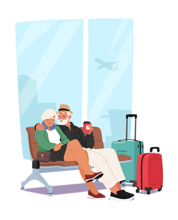 Elderly Couple Is Relaxing At Airport Terminal  Illustration