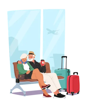 Elderly Couple Is Relaxing At Airport Terminal  Illustration