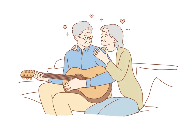 Couple Love Play Romance Music Recreation Concept Romantic Old Man And Woman Senior Citizens Pensioners Sitting On Couch Together And Playing Guitar Musical Instrument At Home Happy Retirement Illustration