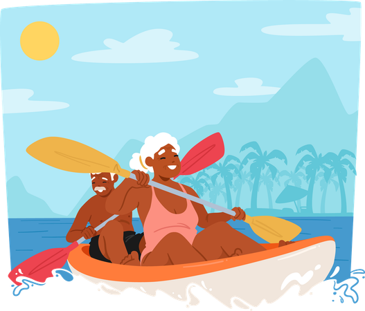 Elderly Couple Kayaking Together in Sea  Illustration