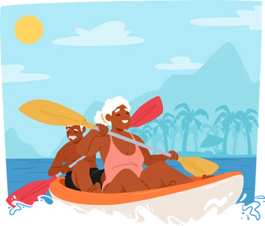 Elderly Couple Kayaking Together in Sea  Illustration