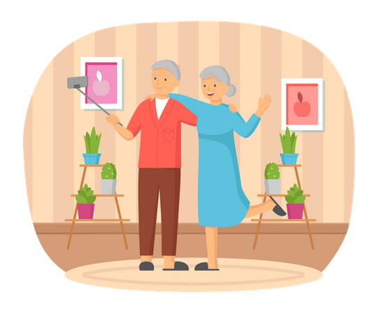 Elderly couple making selfie together Illustration