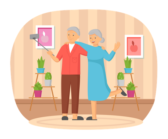 Elderly couple making selfie together  Illustration