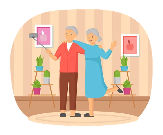 Elderly couple making selfie together  Illustration