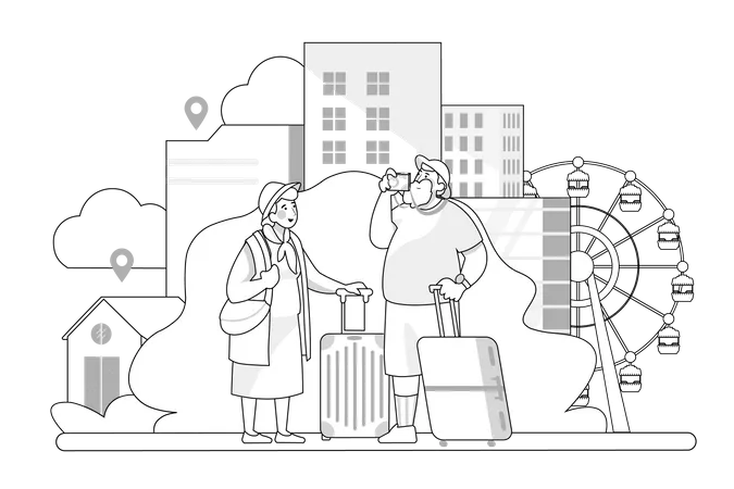 Grandmother And Grandfather With Suitcases Are Traveling To Travel Illustration