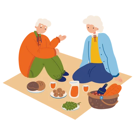 Elderly Couple Picnic Together Vector Illustration In Flat Color Design Illustration