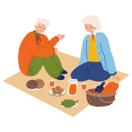 Elderly couple picnic together  Illustration