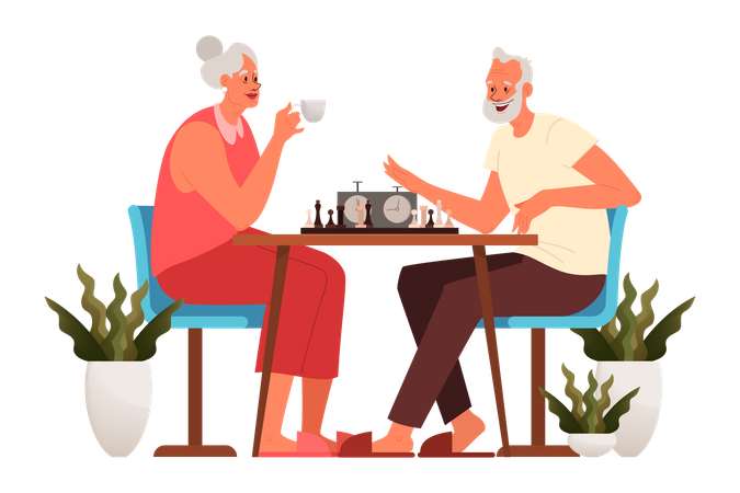 Elderly couple playing chess Illustration