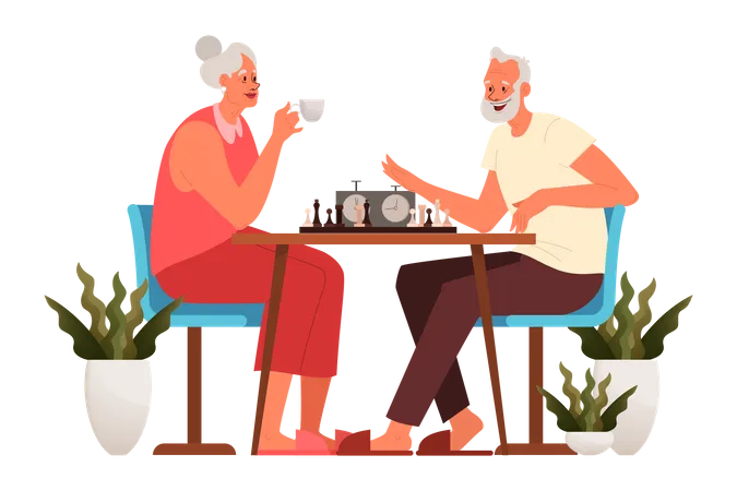 Elderly couple playing chess Illustration