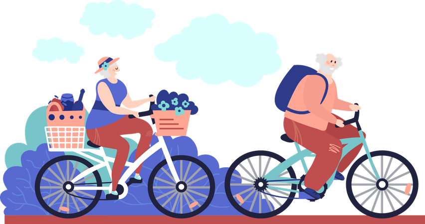 Elderly couple riding bicycle in the park Illustration